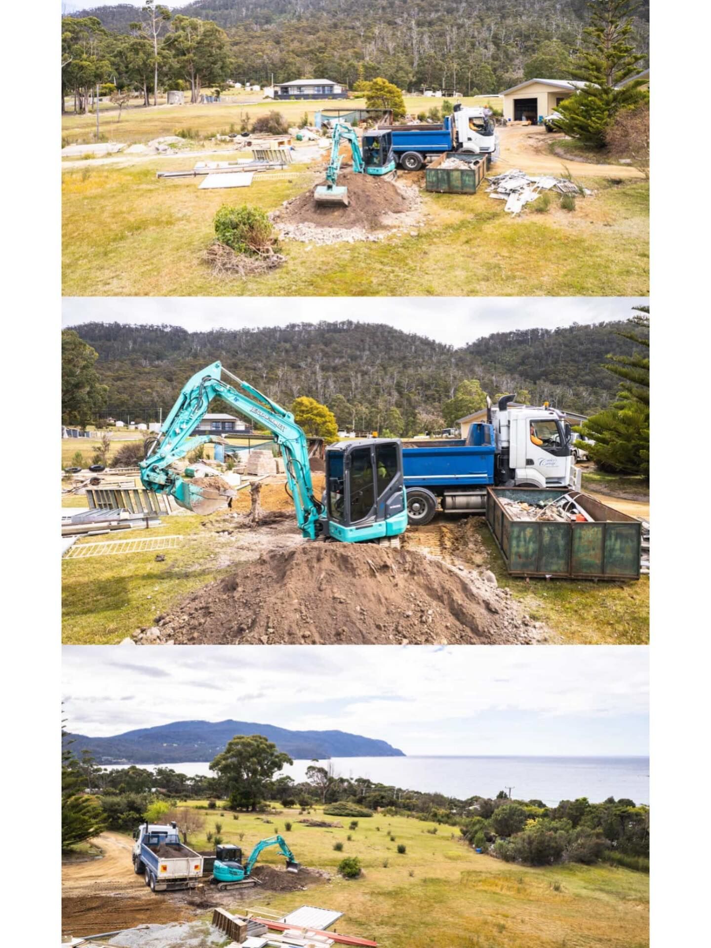  A turquoise excavator and dump truck on a grassy field.