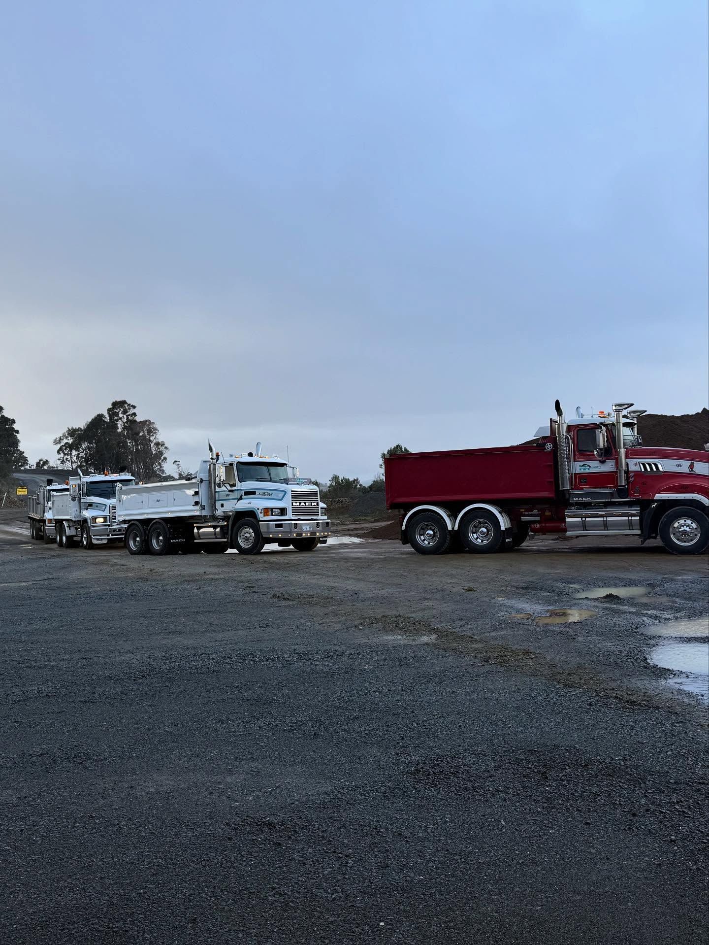 Two dump trucks on a gravel lot under an overcast sky.