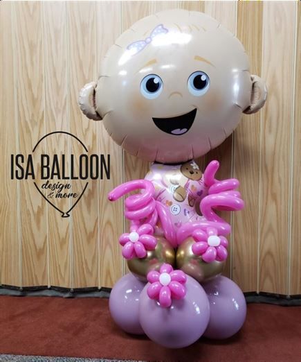 A baby balloon with pink flowers and a teddy bear on it