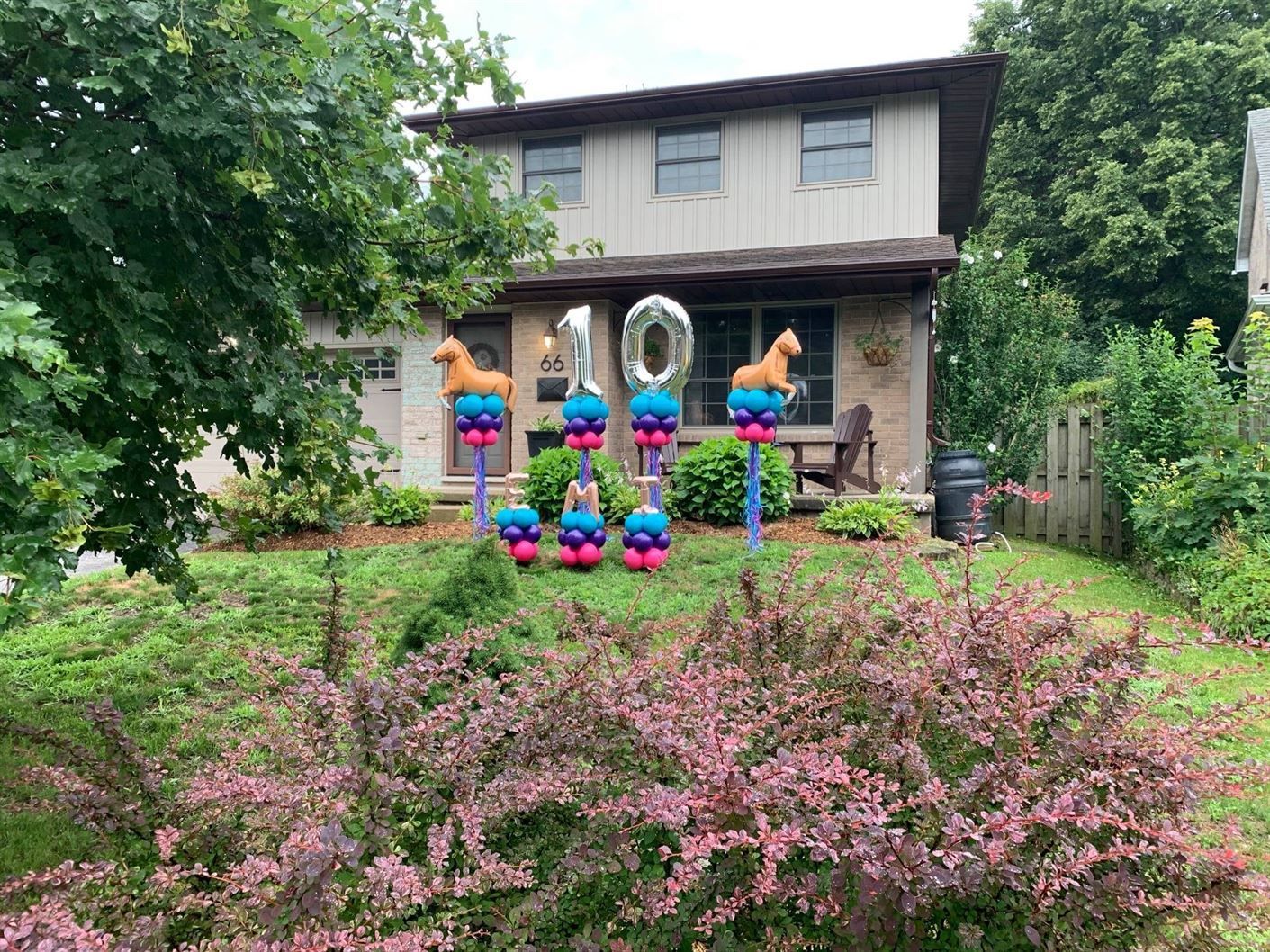 A house with a bunch of balloons in front of it.