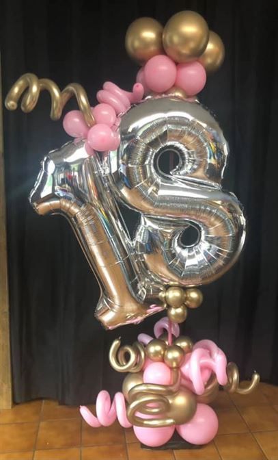 A bunch of balloons with the number 18 on top of them