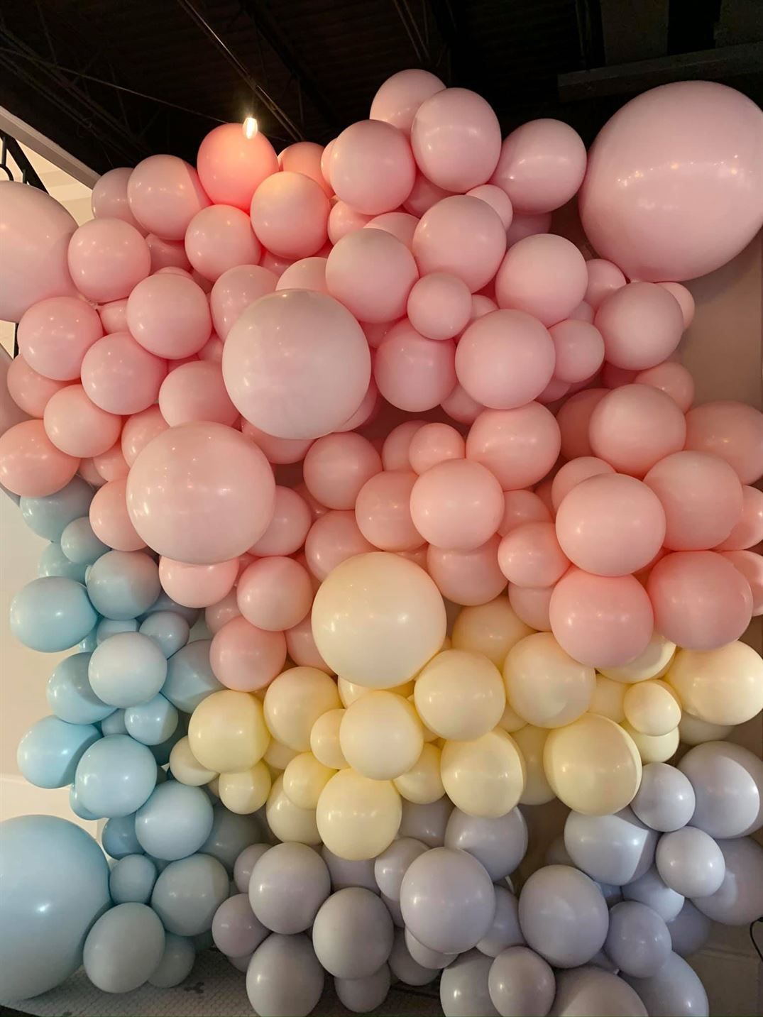 A bunch of pink , yellow , and blue balloons on a wall.