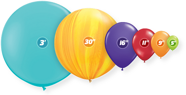 A row of balloons of different sizes are lined up in a row.