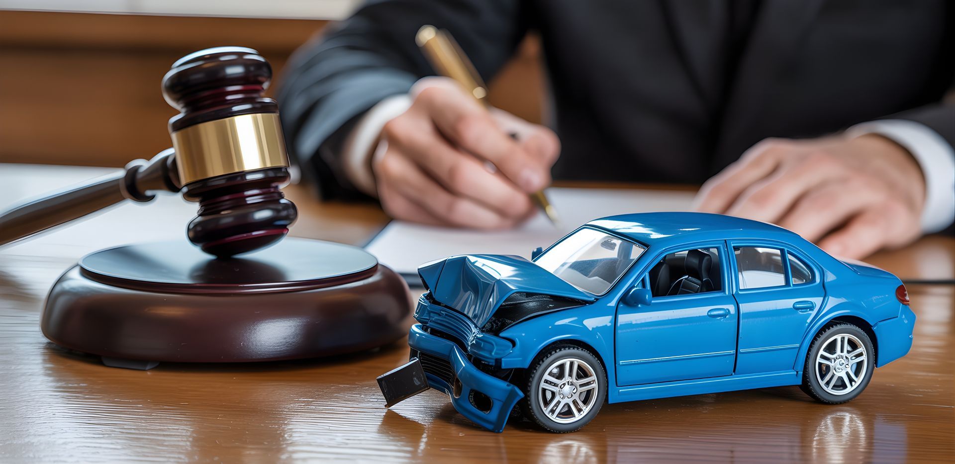 Close-up of a blue toy car beside a gavel with a car accident lawyer in the background.