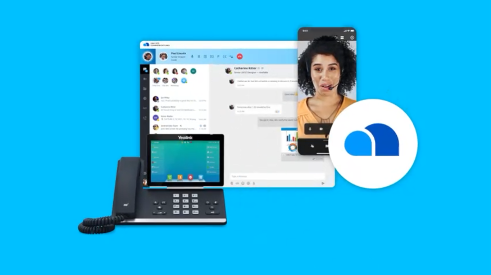 Cloud-based communication platform interface on devices: desktop, tablet, smartphone, and desk phone; video call with a smiling woman.