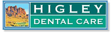 a logo for higley dental care with a mountain in the background