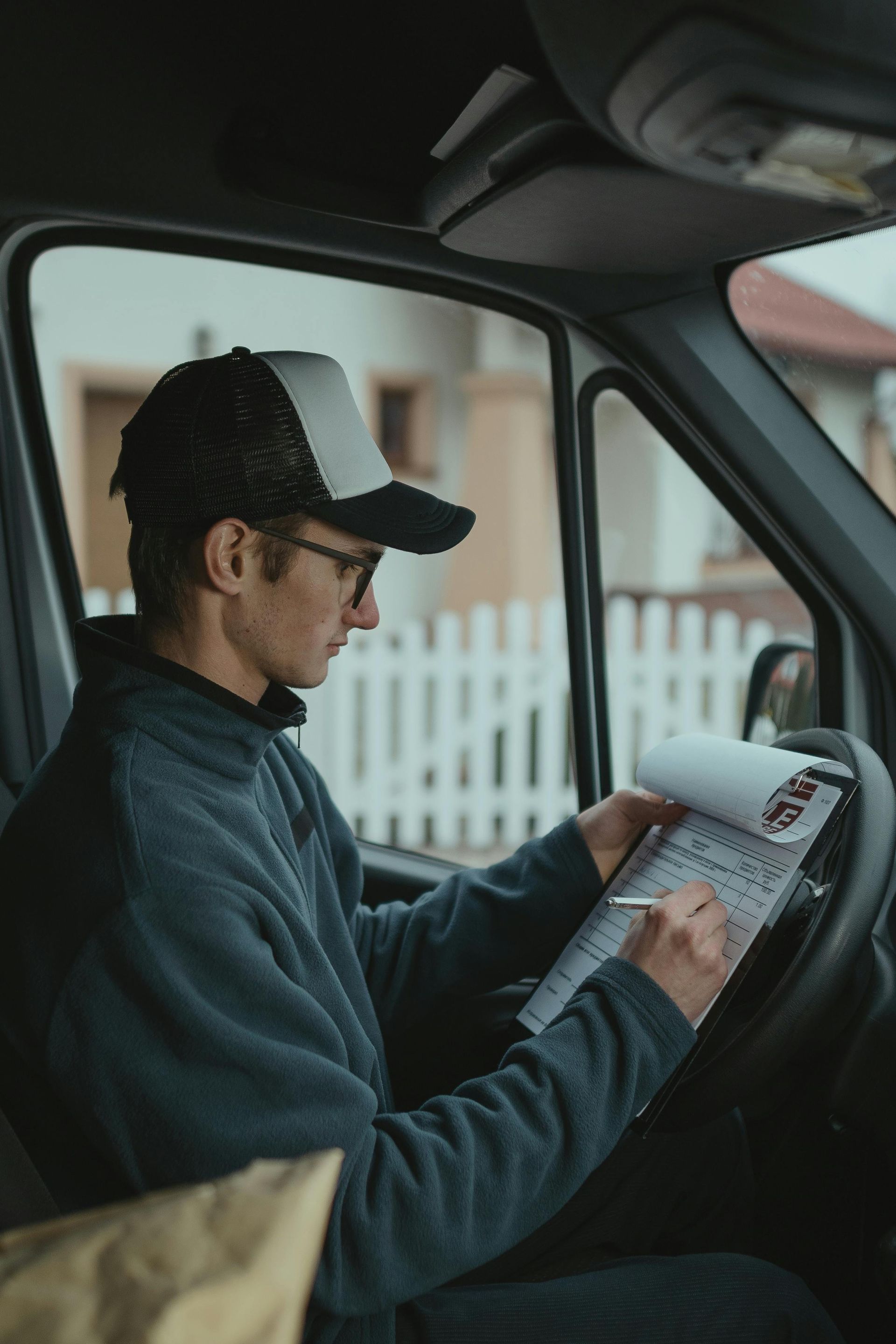 A man is sitting in the driver 's seat of a van writing on a clipboard.