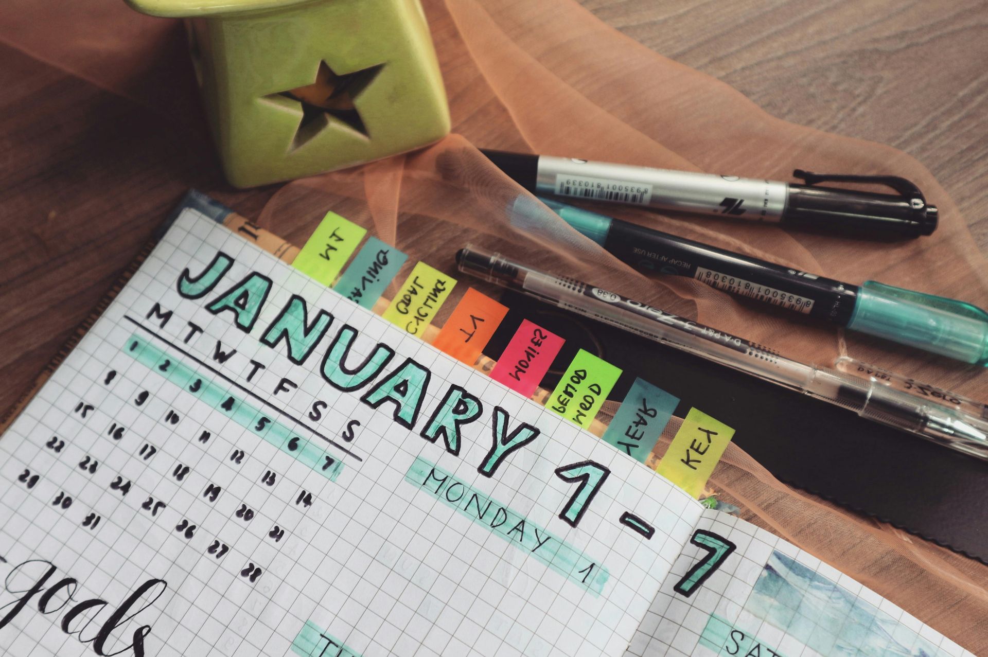 A calendar for january is sitting on a table next to pens.
