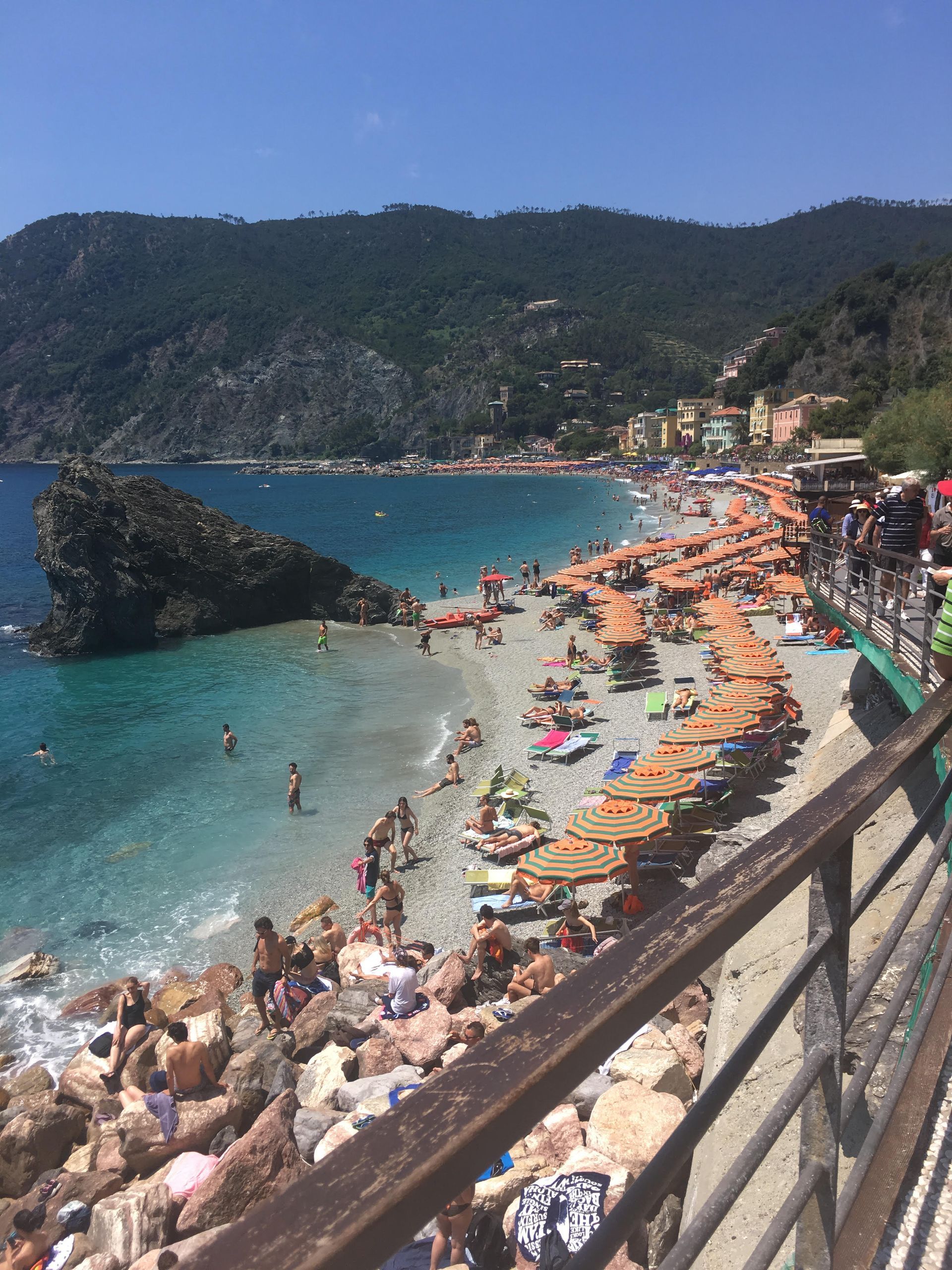 A beach filled with people and umbrellas on a sunny day