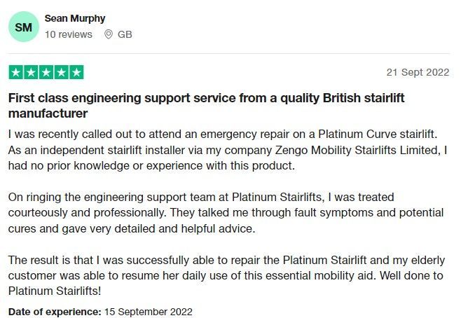 Platinum Stairlifts 5-star Trustpilot review
