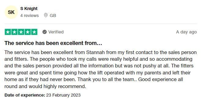 Stannah Stairlifts 5-star Trustpilot review