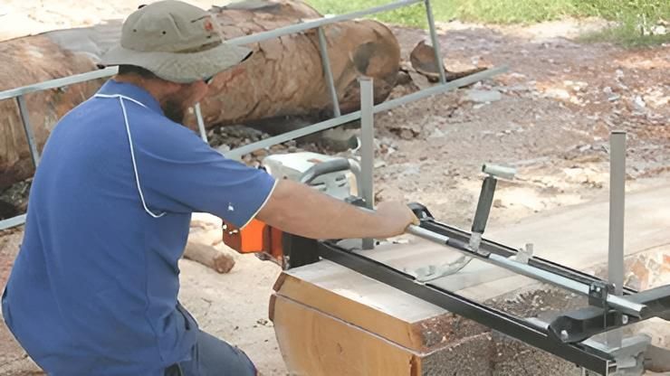 Man is Cutting a Piece of Wood With a Chainsaw — Downright Carpentry in Ryan, QLD