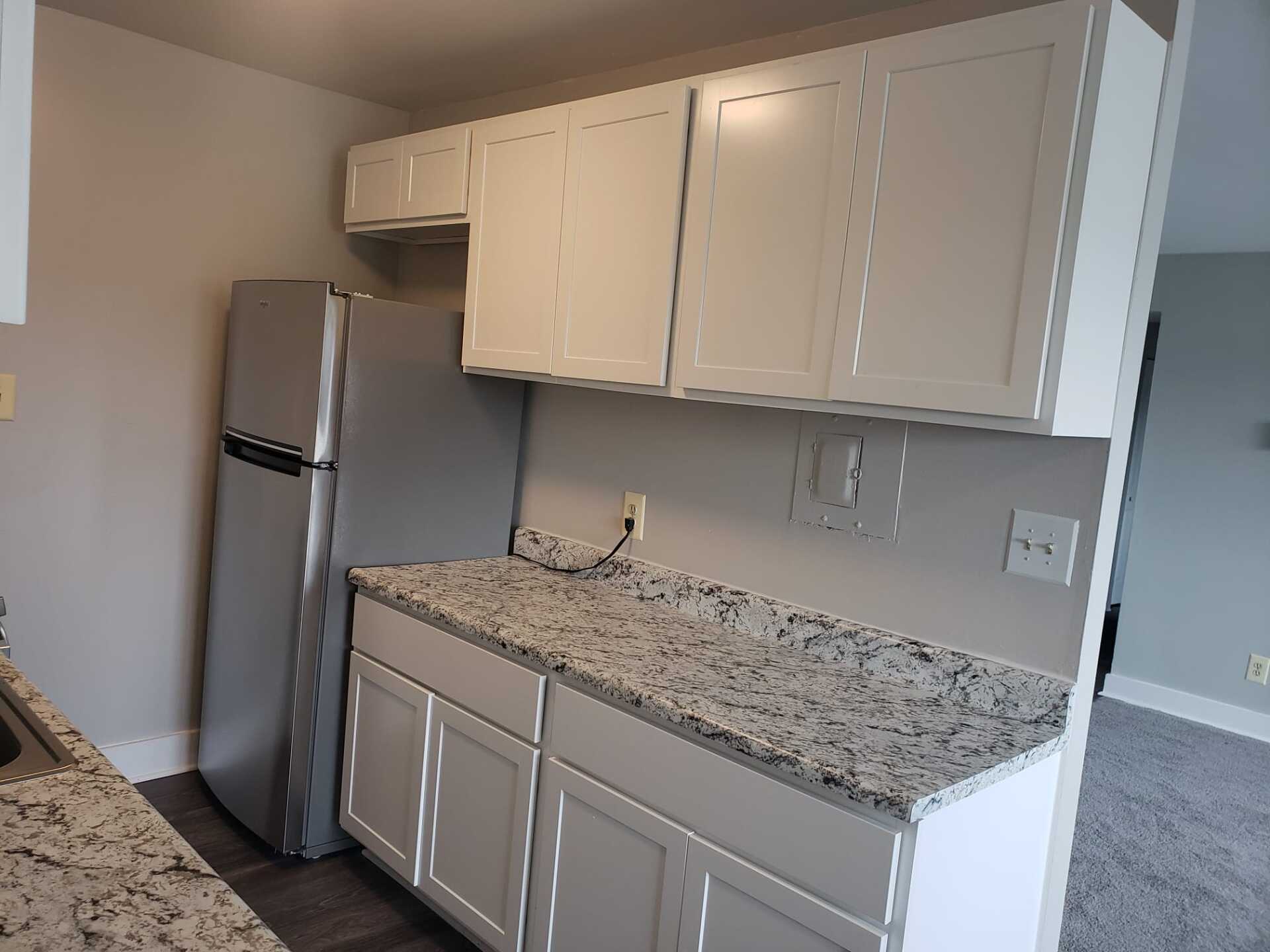 Upgraded kitchen with granite countertops and grey flooring