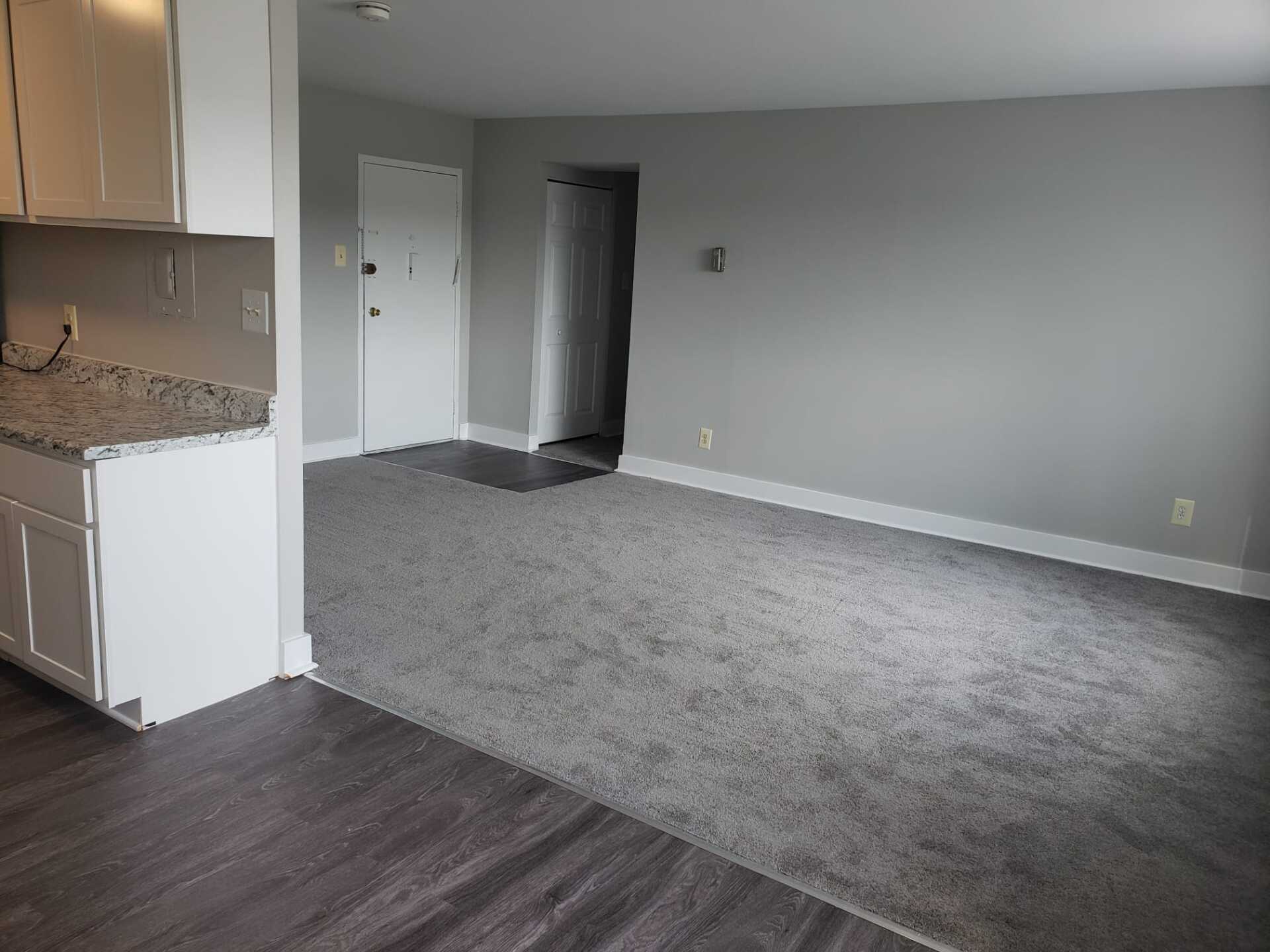 Kitchen and view of living room.