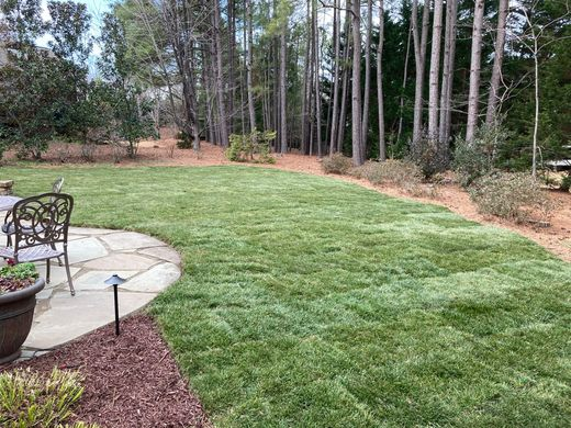 Green lawn with stone patio, trees in background.