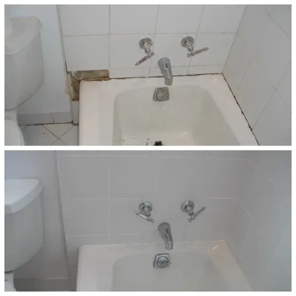 Bathroom tub before and after cleaning: grime removed from tiles, fixtures, and tub for a refreshed appearance.