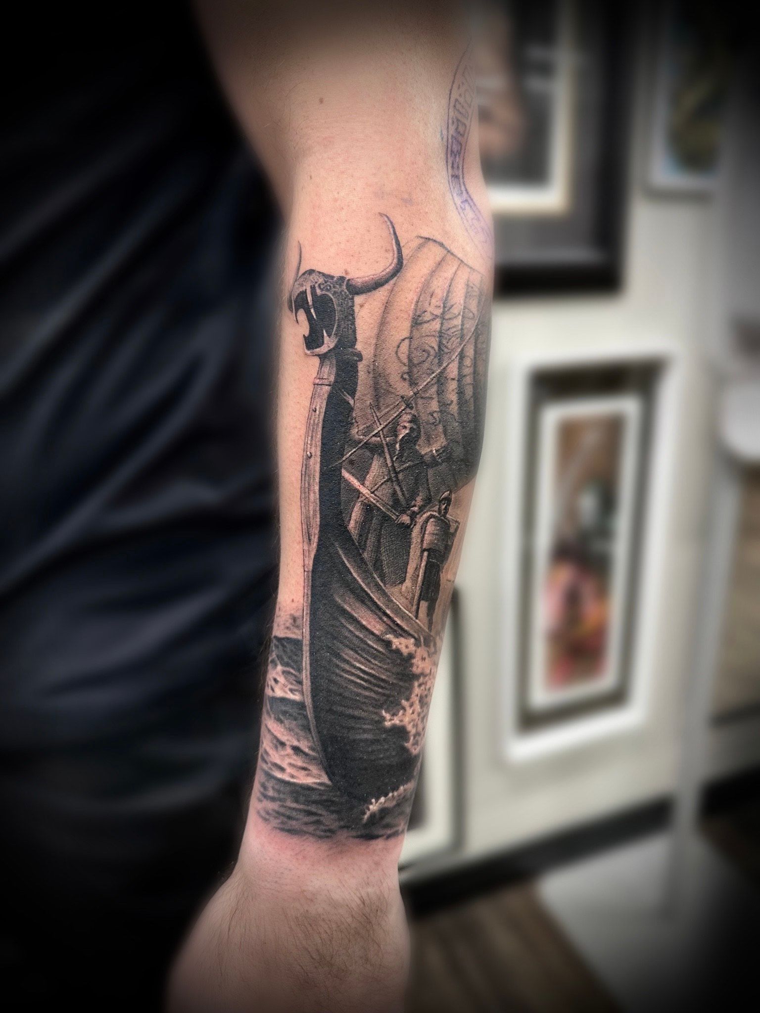Viking Ship Tattoo by Jackson Sukhov at Black Gold Tattoo Co in Edmonton Alberta Canada