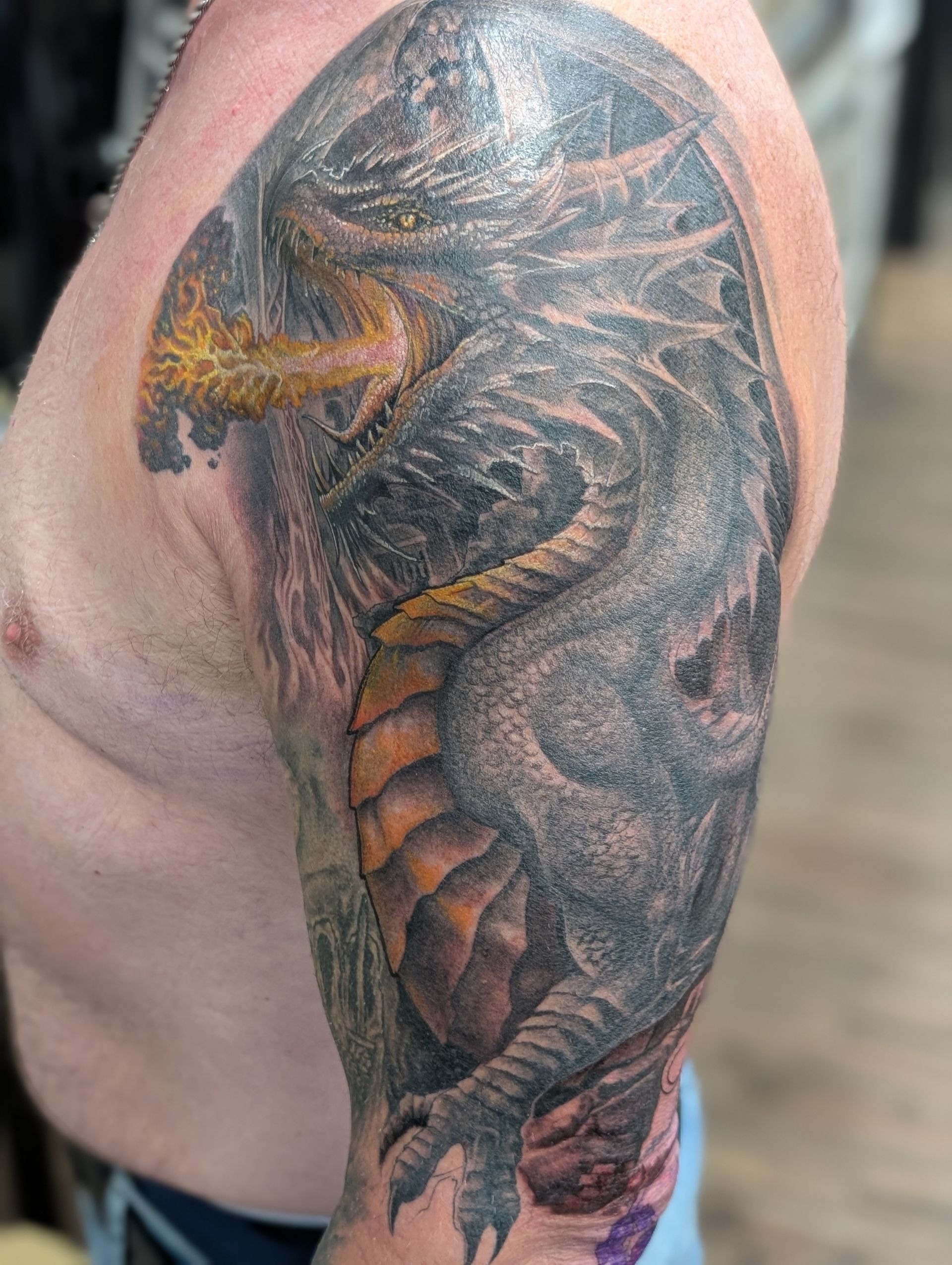Dragon Tattoo by Kevin Sherritt at Black Gold Tattoo Co in Edmonton Alberta Canada