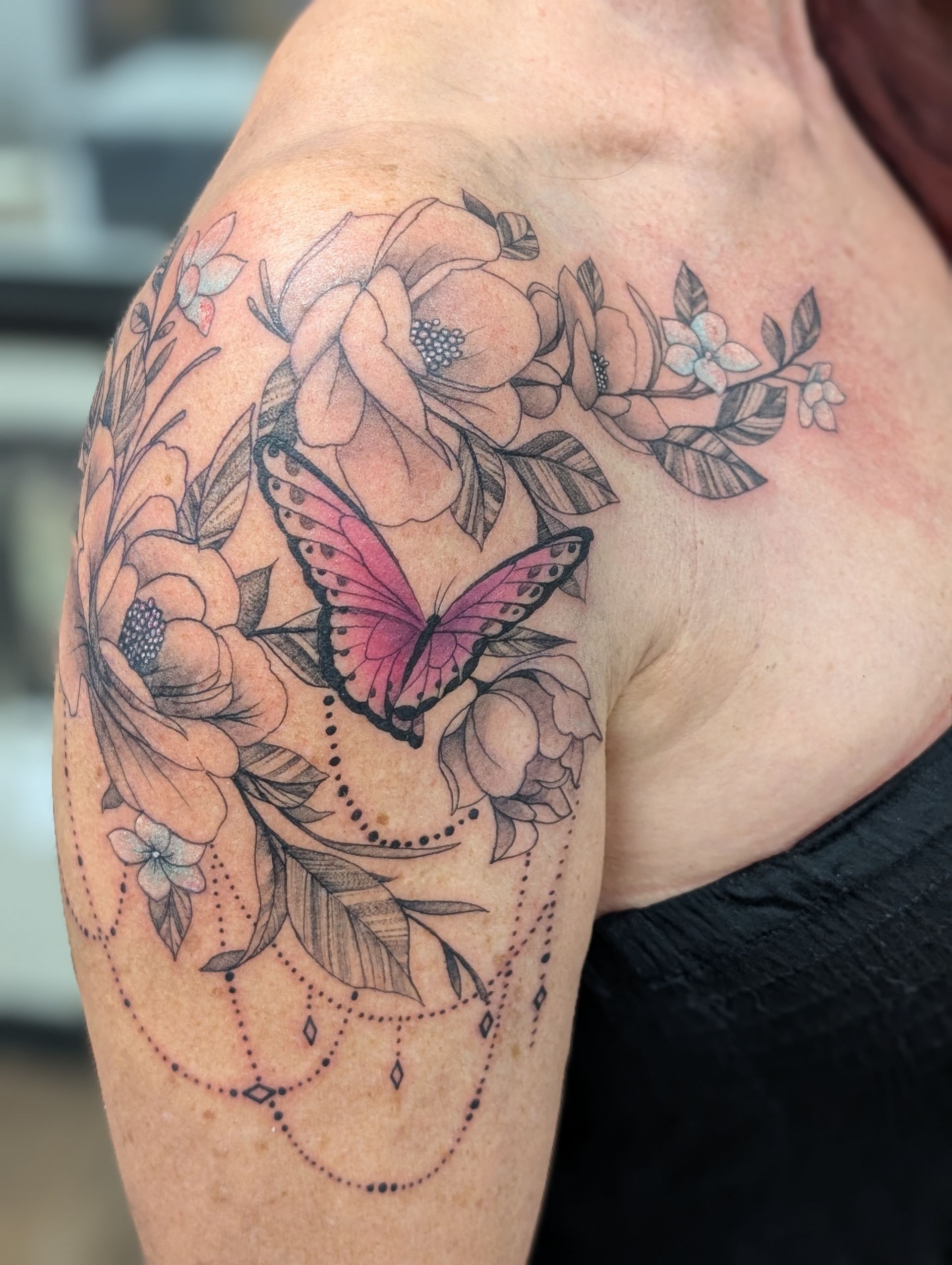 Butterfly and Floral Tattoo by Kevin Sherritt at Black Gold Tattoo Co in Edmonton Alberta Canada