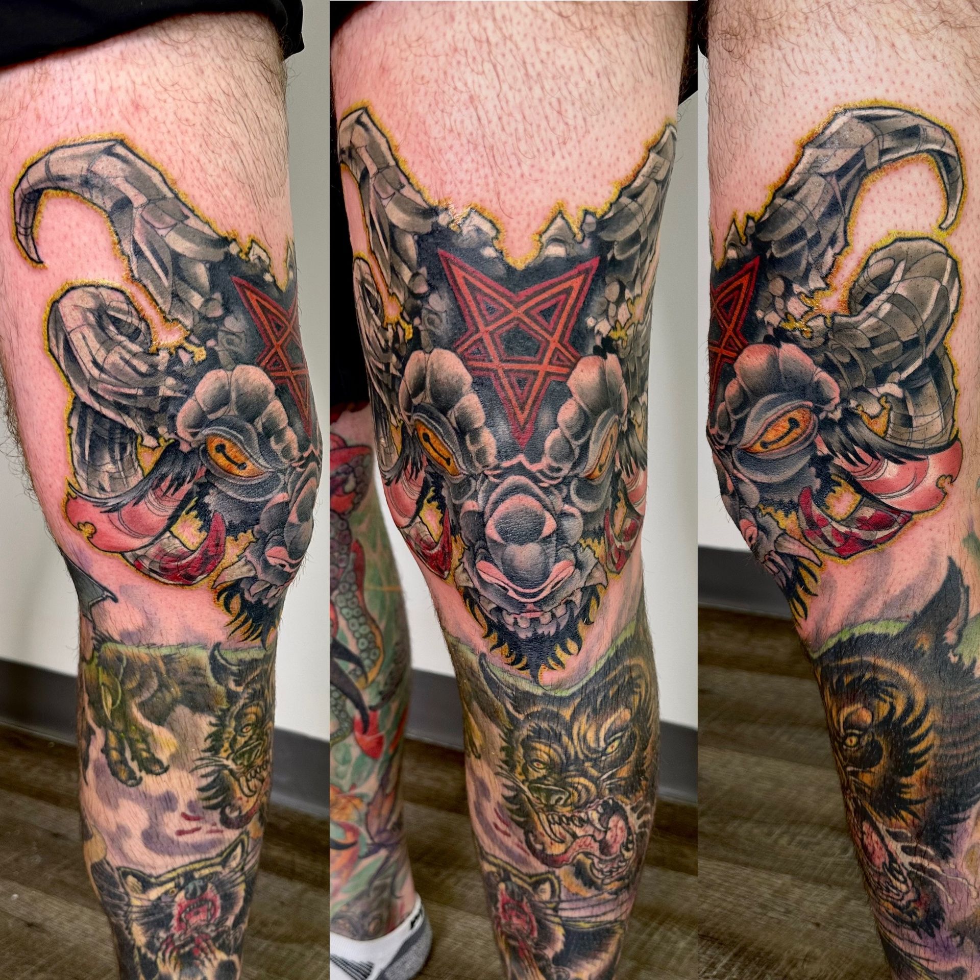 Baphomet Knee Tattoo by Brain Dangerfield at Black Gold Tattoo Co in Edmonton Alberta Canada