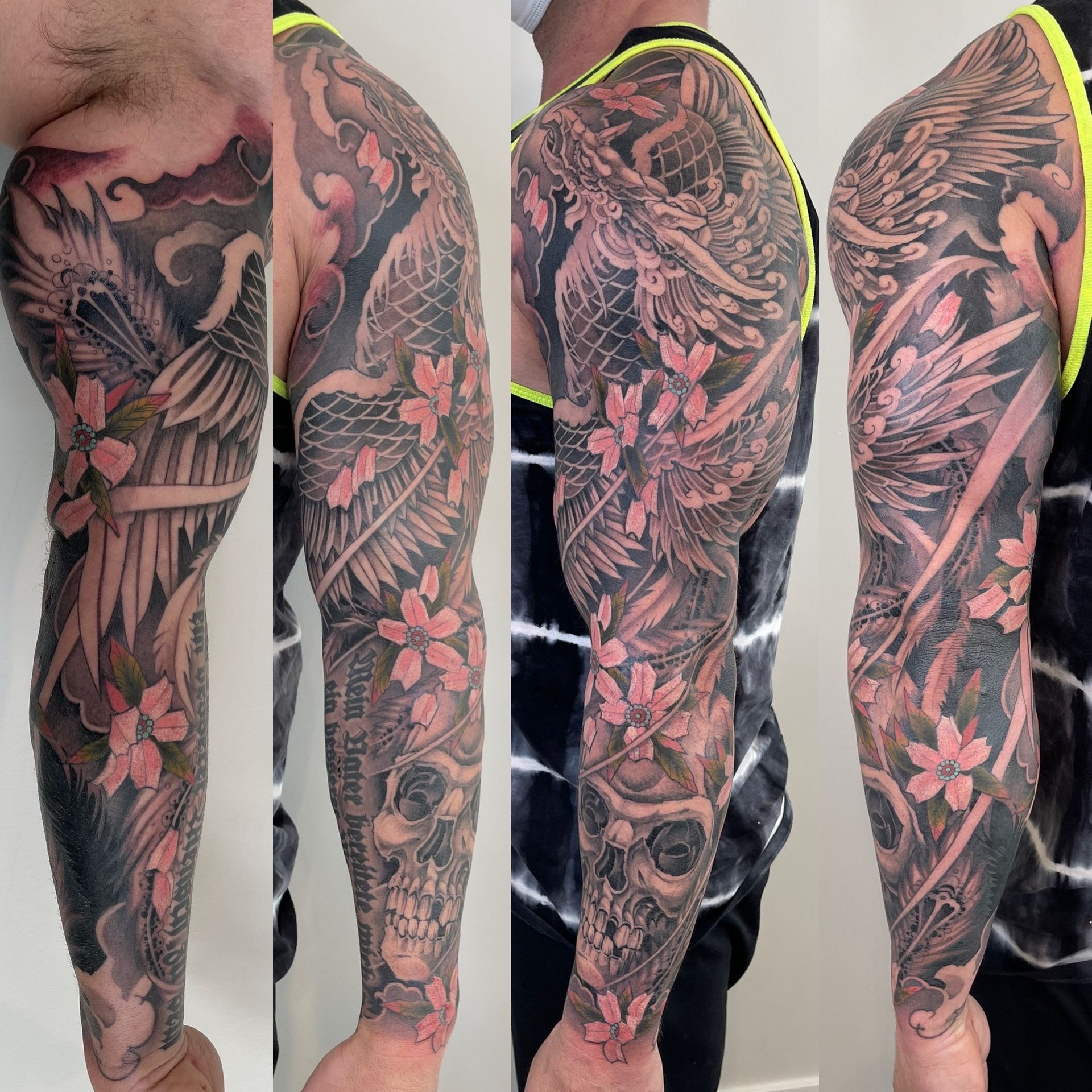 Phoenix and Skull Sleeve by Brain Dangerfield at Black Gold Tattoo Co in Edmonton Alberta Canada
