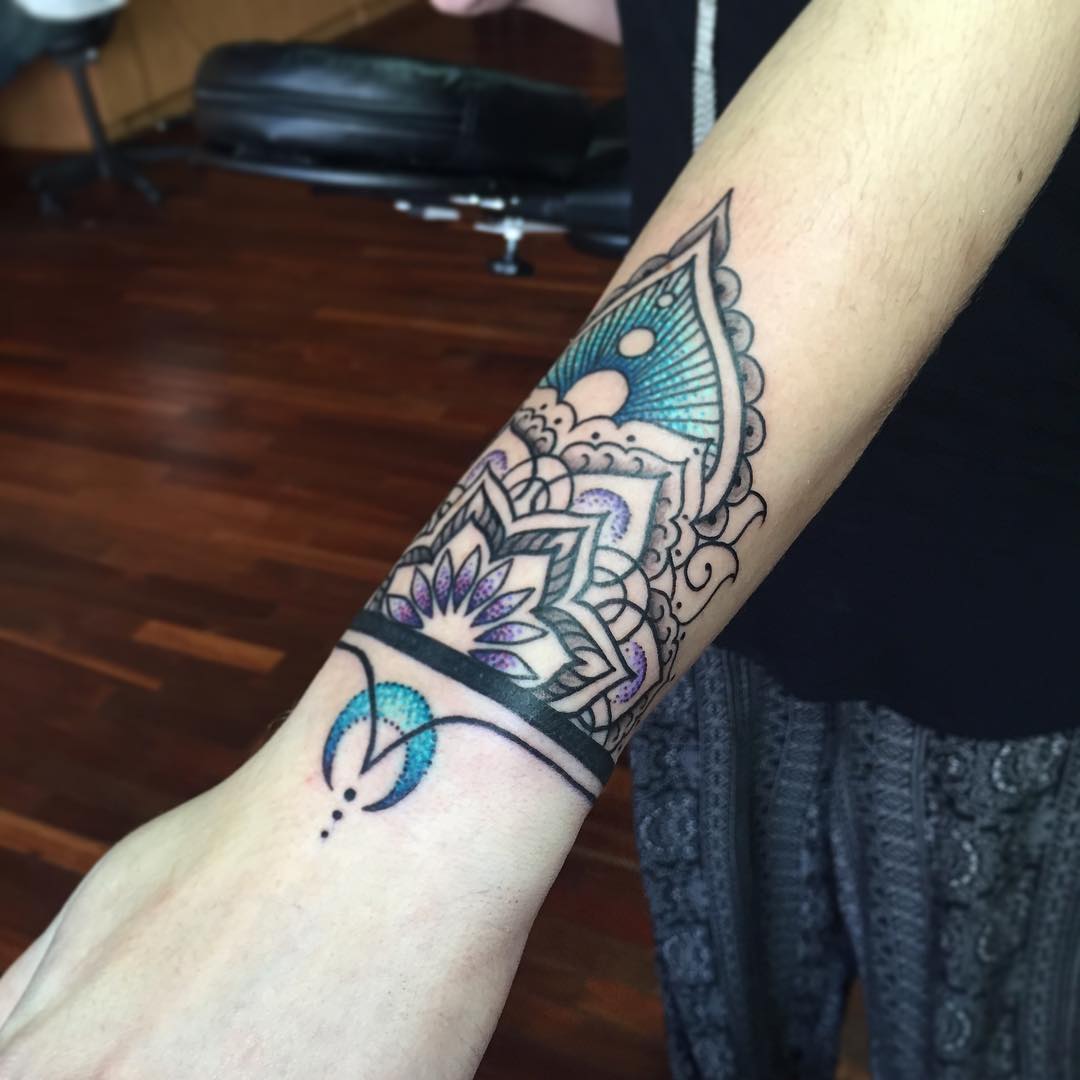 Mandala and Ornamental Wrist Cuff Tattoo by Amber Strange at Black Gold Tattoo Co in Edmonton Alberta Canada