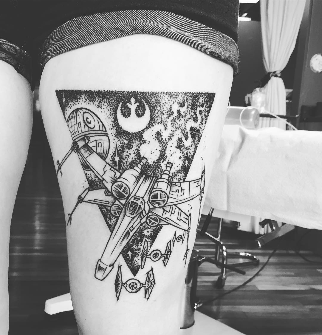 X-Wing Fighter Star Wars Tattoo by Amber Strange at Black Gold Tattoo Co in Edmonton Alberta Canada