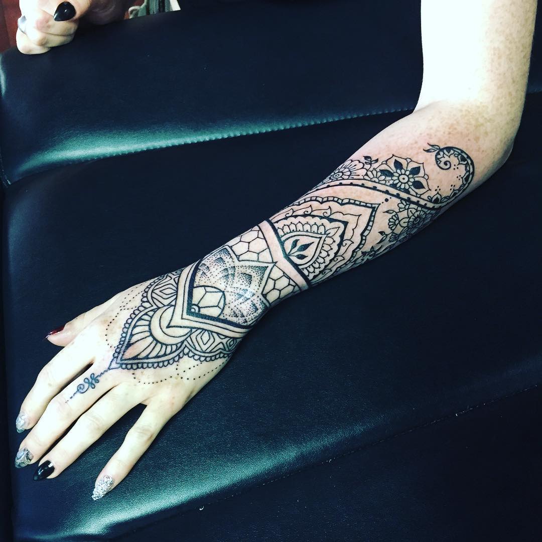 Mandala and Ornamental Wrist Cuff Tattoo by Amber Strange at Black Gold Tattoo Co in Edmonton Alberta Canada
