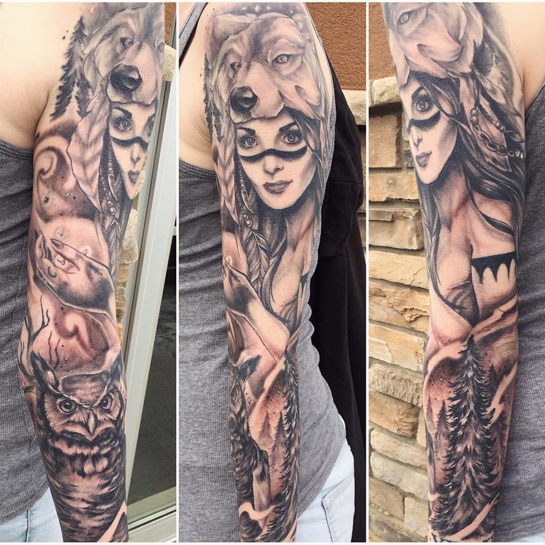 Huntress and Forest Sleeve by Sarah Michelle at Black Gold Tattoo Co in Edmonton Alberta Canada