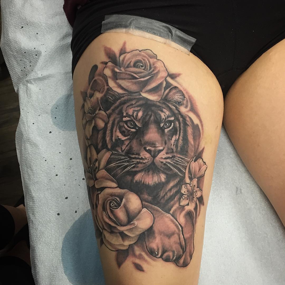 Tiger and Roses Tattoo by Sarah Michelle at Black Gold Tattoo Co in Edmonto...