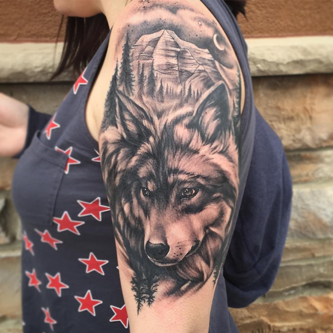 Wolf and Mountains Tattoo by Sarah Michelle at Black Gold Tattoo Co in Edmonton Alberta Canada
