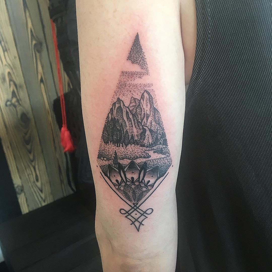Mountain Scenery Tattoo by Dale Moostoos at Crimson Empire Tattoo in Edmonton Alberta Canada