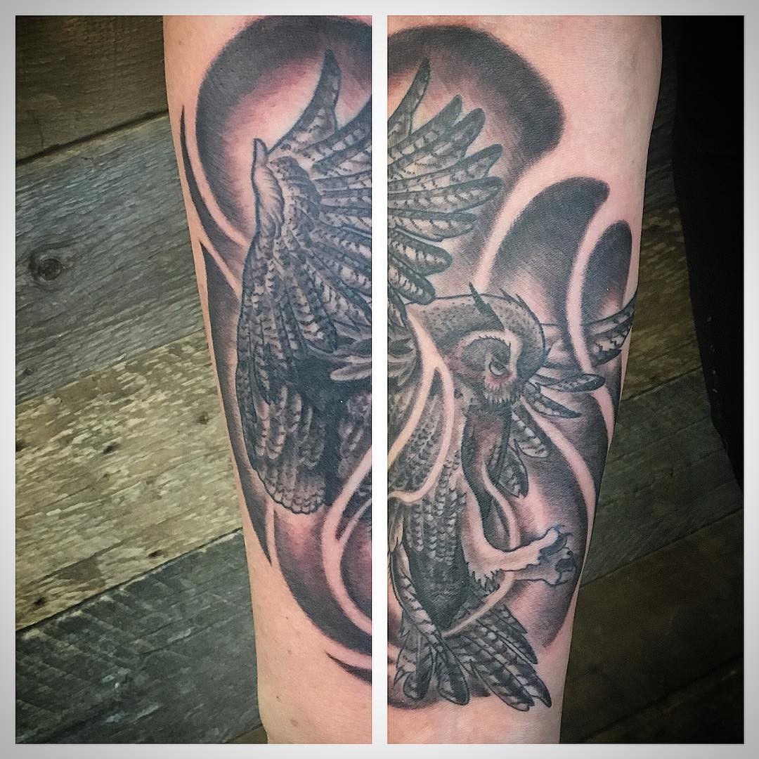 Owl Tattoo by Dale Moostoos at Crimson Empire Tattoo in Edmonton Alberta Canada