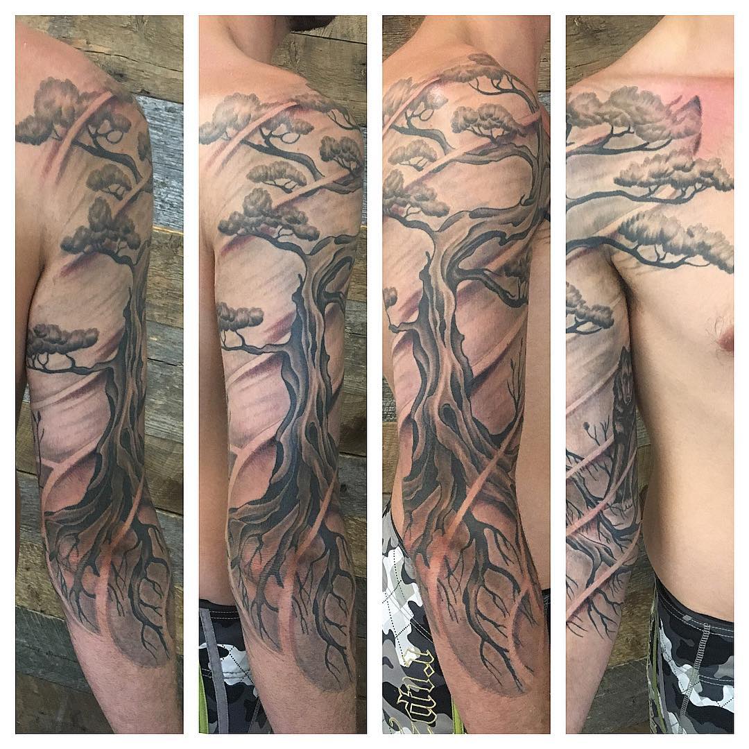 Bonsai Tree Tattoo by Dale Moostoos at Crimson Empire Tattoo in Edmonton Alberta Canada