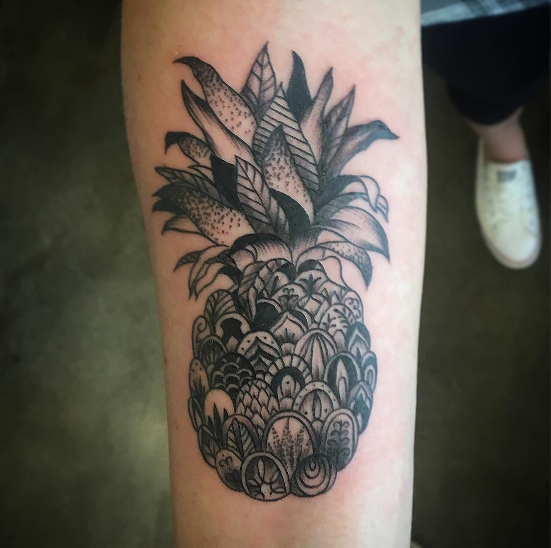 Ornamental Pineapple Tattoo by Dale Moostoos at Crimson Empire Tattoo in Edmonton Alberta Canada