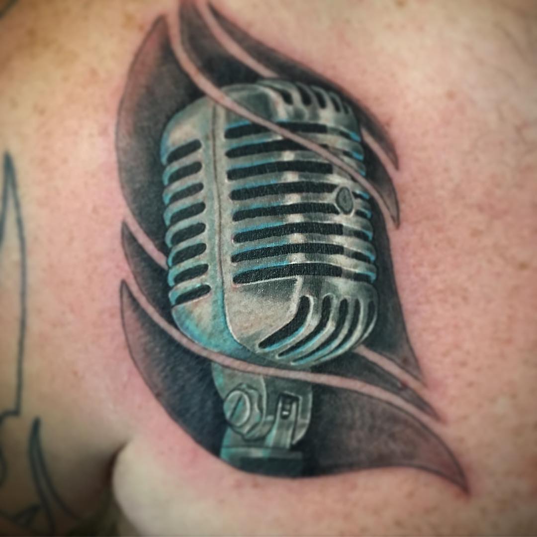 Microphone Tattoo by Dale Moostoos at Crimson Empire Tattoo in Edmonton Alberta Canada