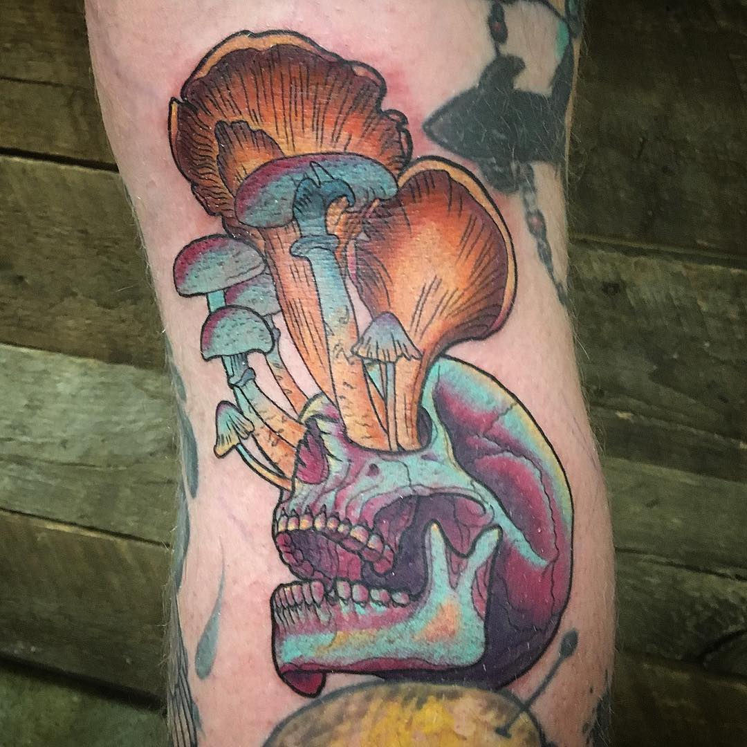 Skull and Mushroom Tattoo by Dale Moostoos at Crimson Empire Tattoo in Edmonton Alberta Canada