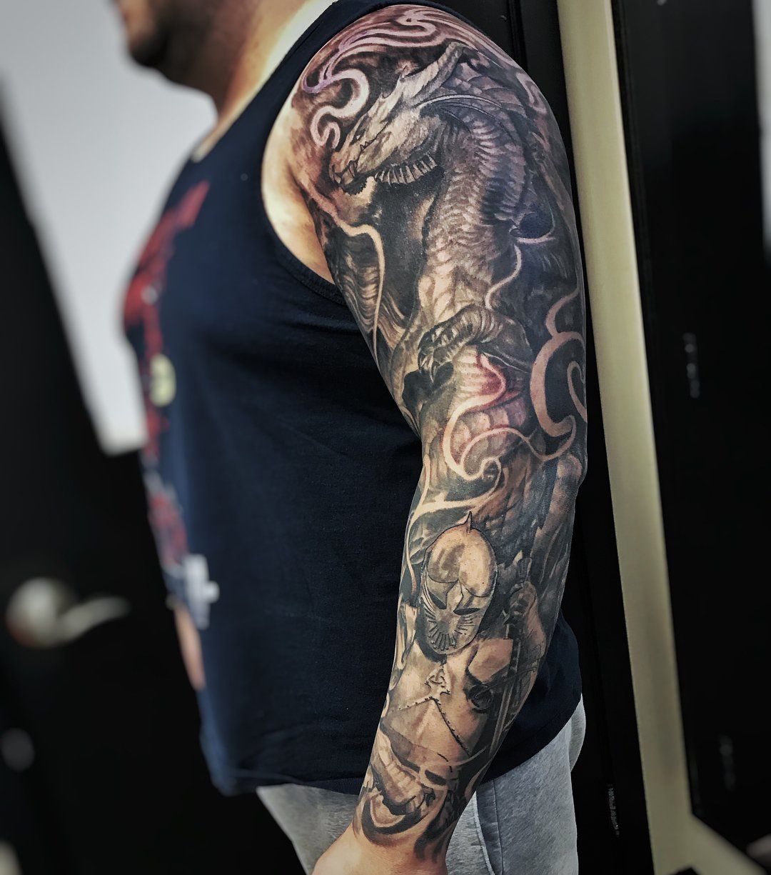 Medieval Dragon and Templar Night Sleeve by Alan Coates at Black Gold Tattoo Co in Edmonton Alberta Canada