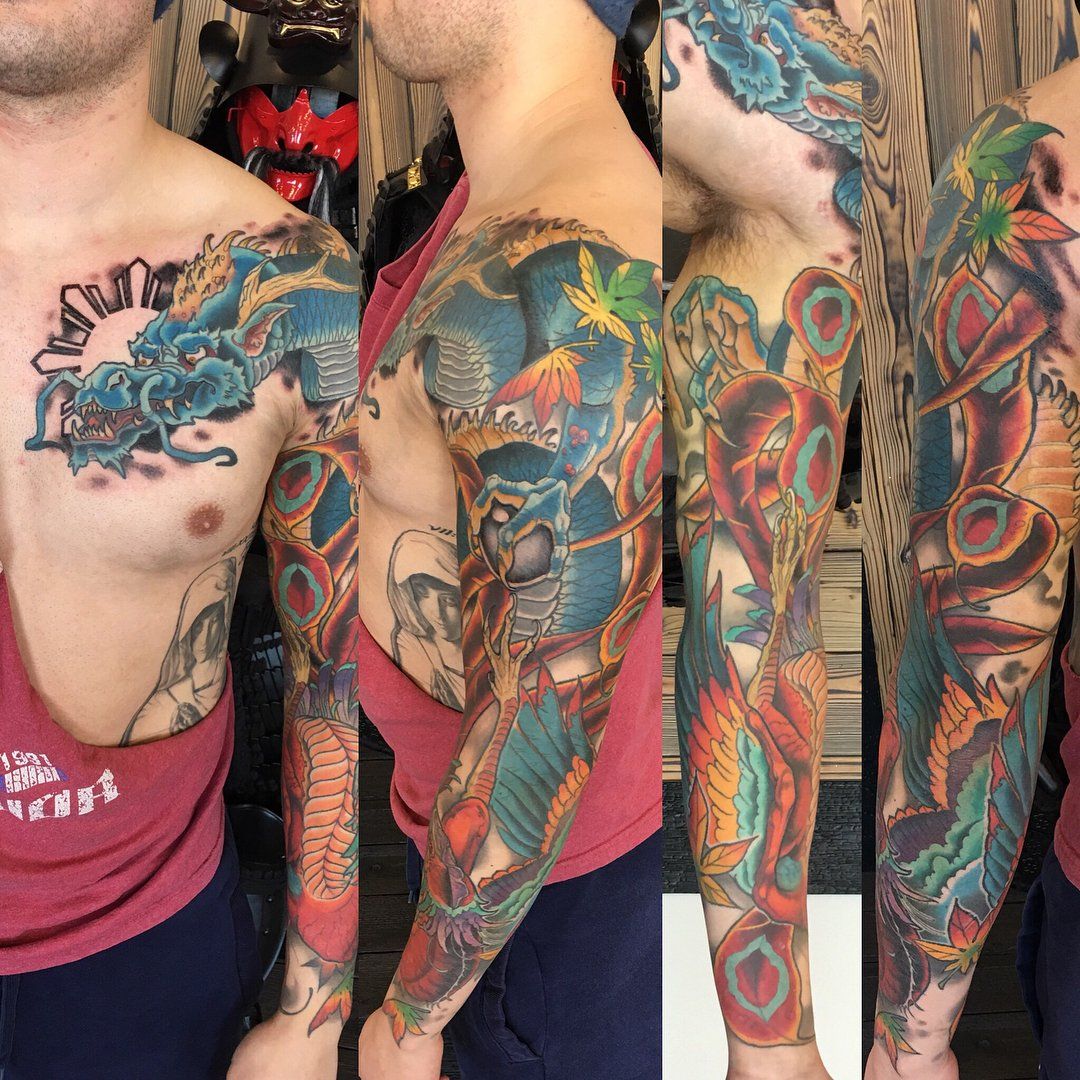 Dragon and Phoenix Sleeve by Curt Semeniuk at Crimson Empire Tattoo in Edmonton Alberta Canada