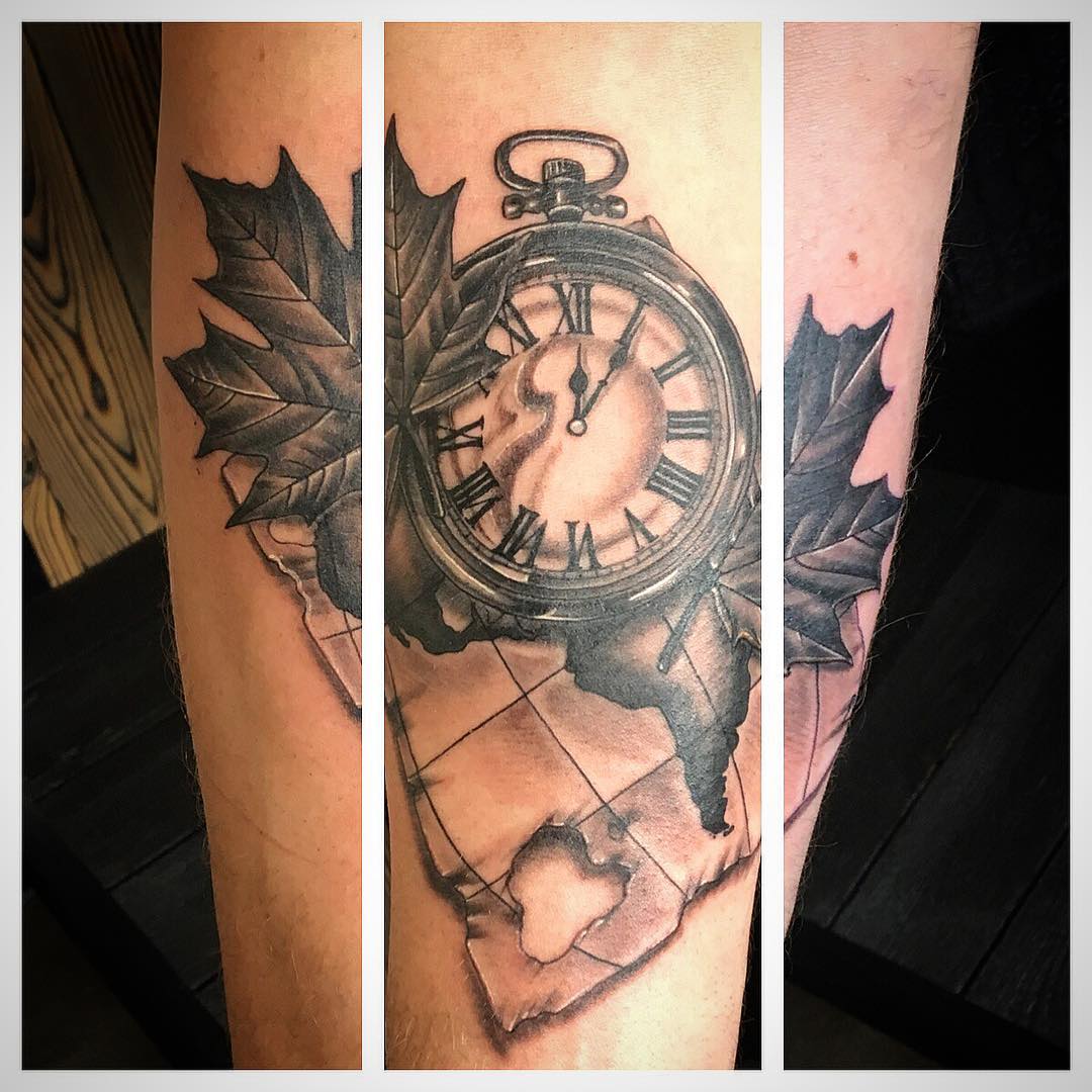 Compass and Map Tattoo by Dale Moostoos at Crimson Empire Tattoo in Edmonton Alberta Canada