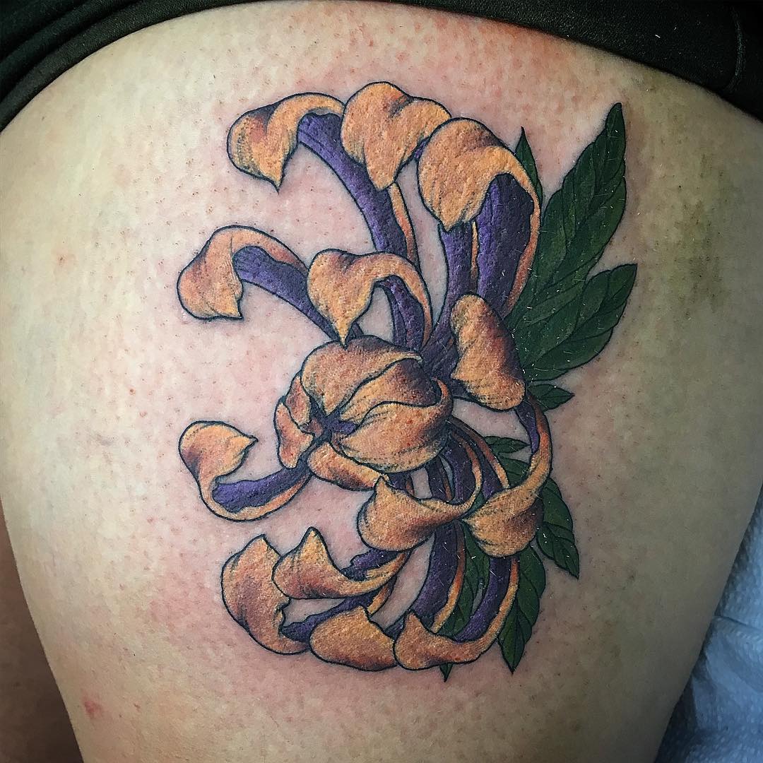 Chrysanthemum Tattoo by Dale Moostoos at Crimson Empire Tattoo in Edmonton Alberta Canada