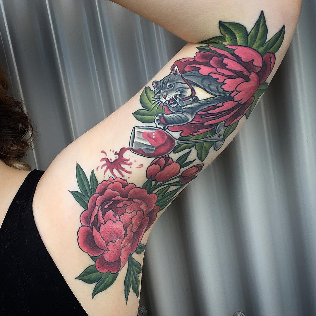 Floral and Cat Tattoo by Dale Moostoos at Crimson Empire Tattoo in Edmonton Alberta Canada