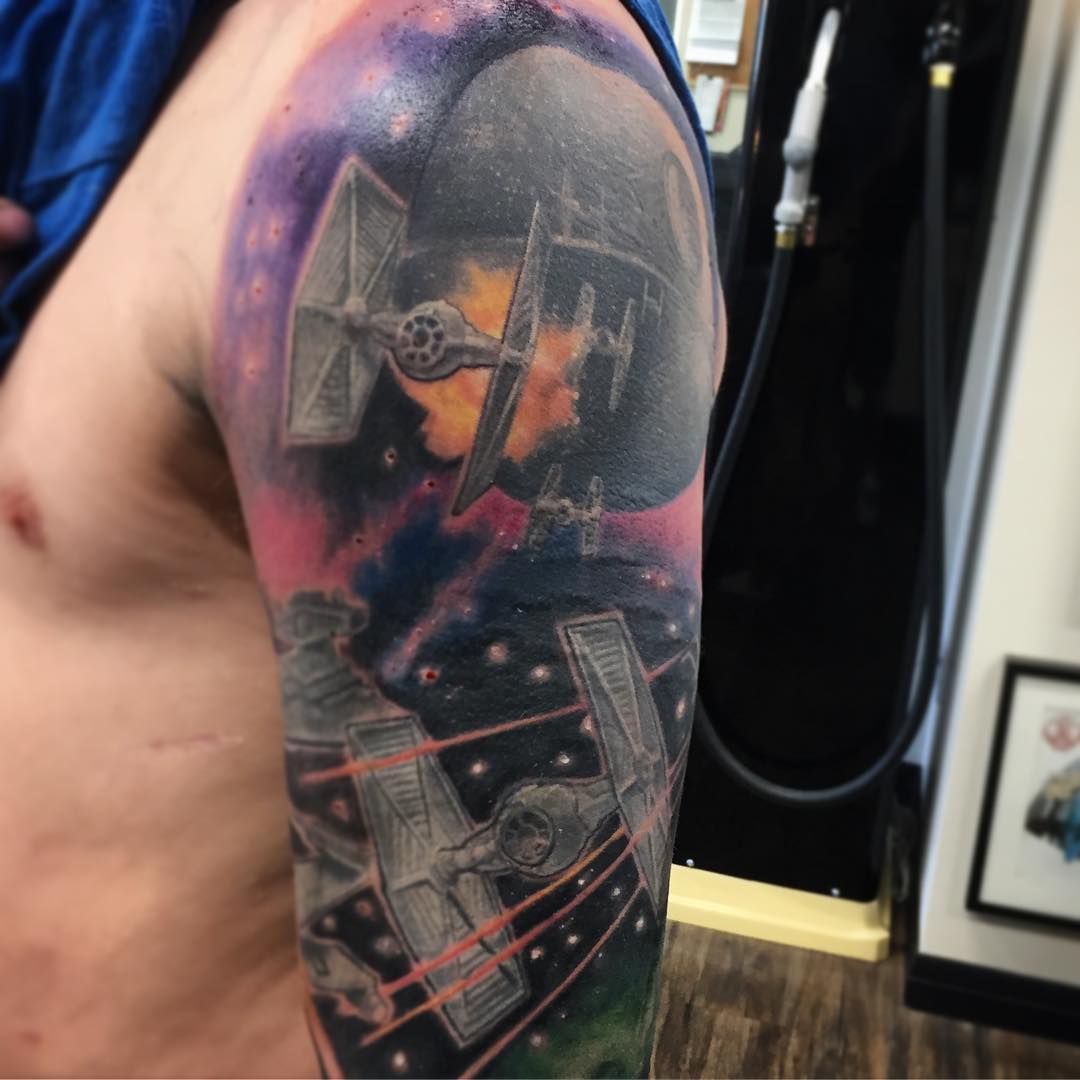 Star Wars Death Star and Tie Fighters Tattoo by Steve Hayes at Black Gold Tattoo Co in Edmonton Alberta Canada