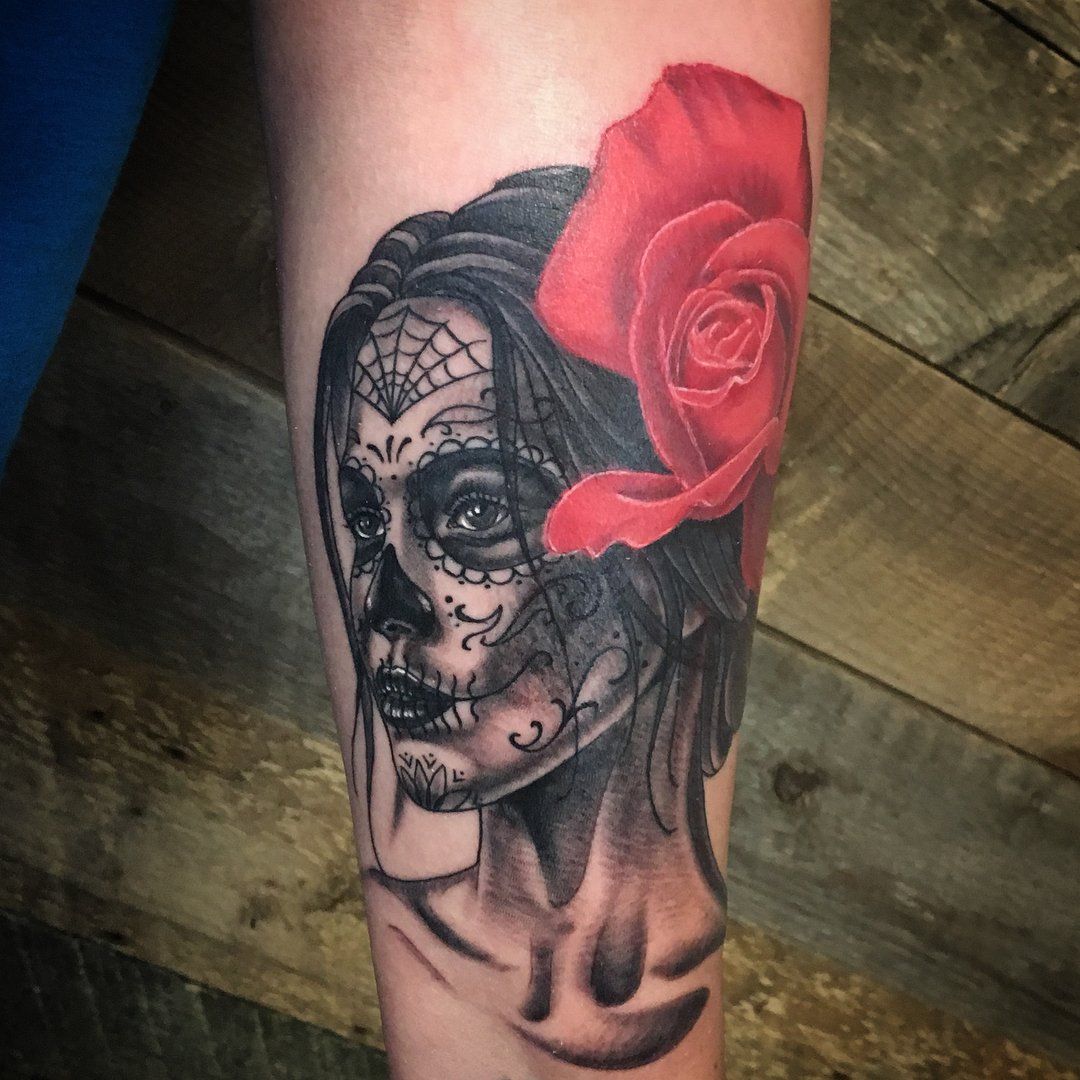 Day of the Dead Lady Tattoo by Dale Moostoos at Crimson Empire Tattoo in Edmonton Alberta Canada