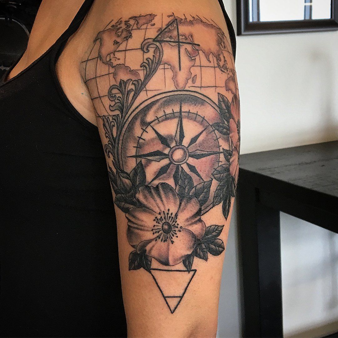 Compass and Map Tattoo by Dale Moostoos at Crimson Empire Tattoo in Edmonton Alberta Canada