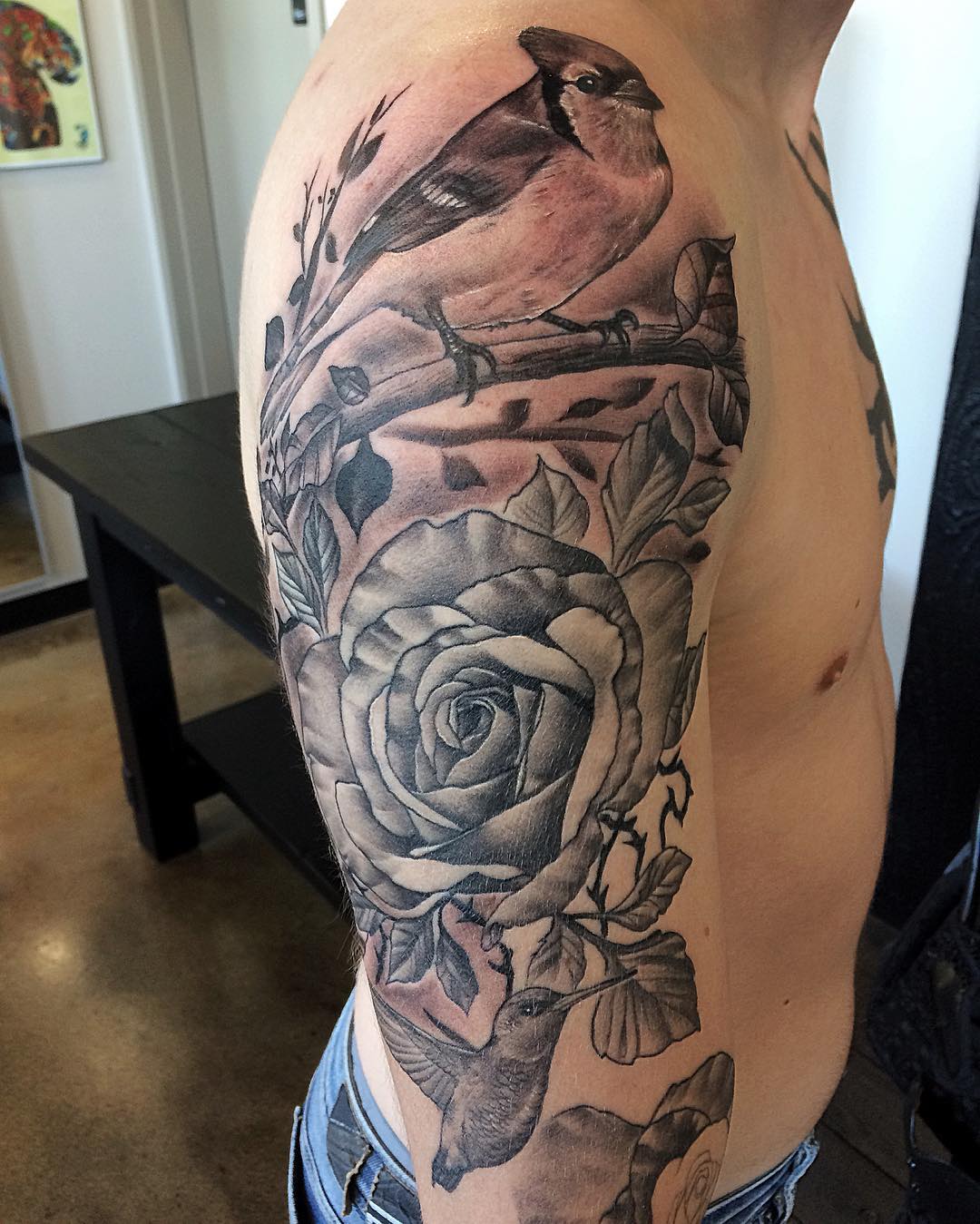 Bluejay Rose Hummingbird Tattoo by Chad Lavers at Crimson Empire Tattoo in Edmonton Alberta Canada