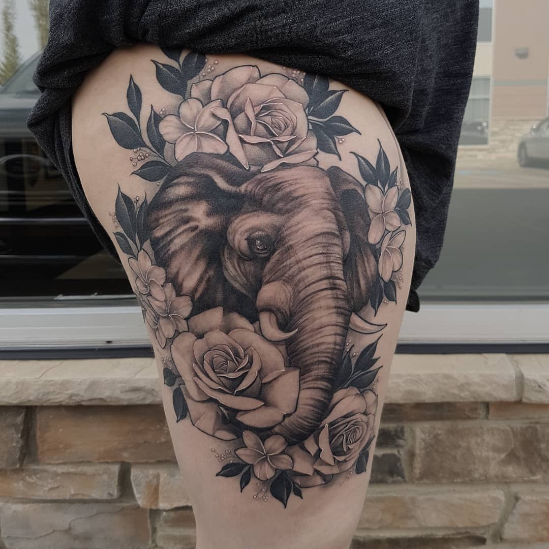 Elephant and Roses Tattoo by Sasha Day at Black Gold Tattoo Co in Edmonton Alberta Canada