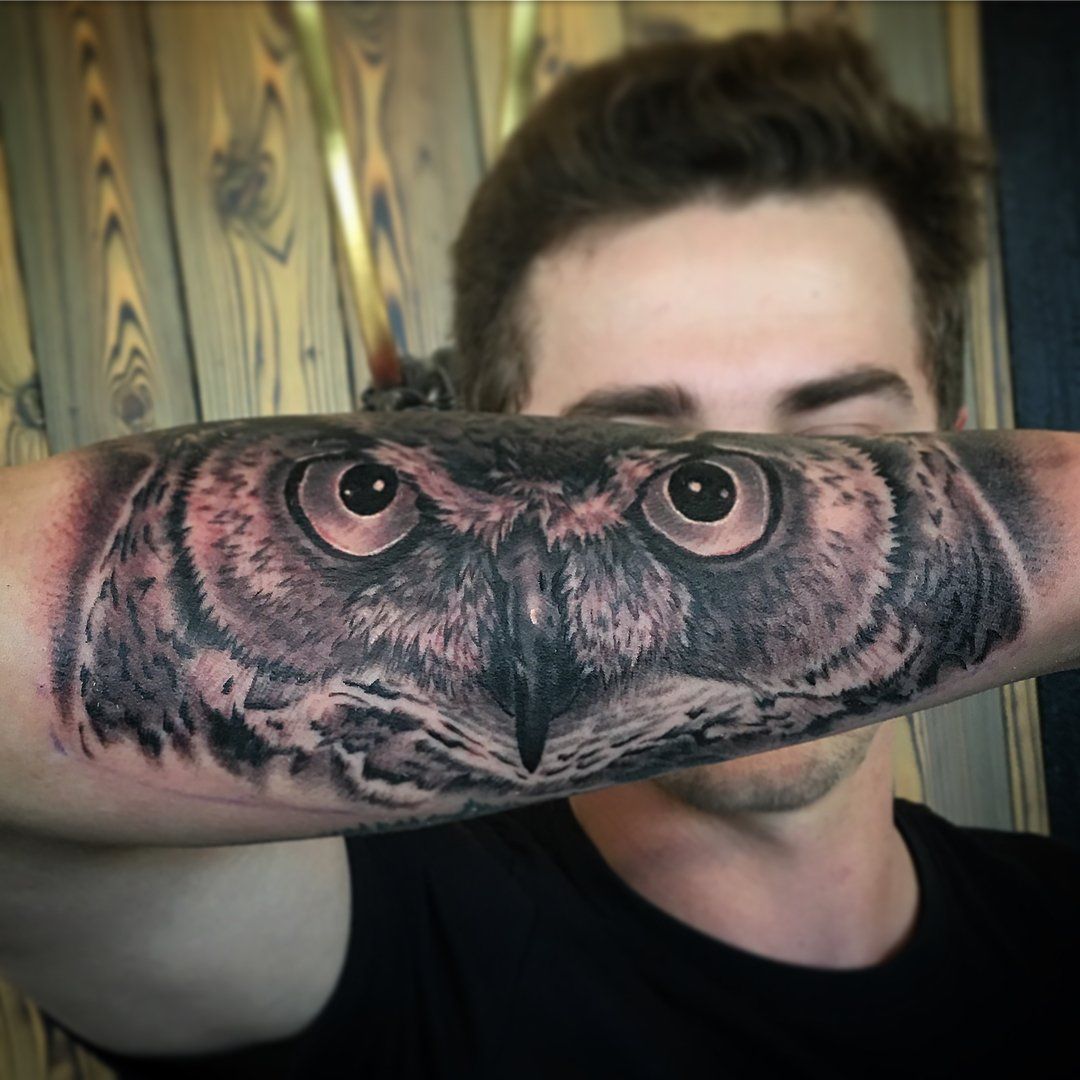Owl Tattoo by Dale Moostoos at Crimson Empire Tattoo in Edmonton Alberta Canada