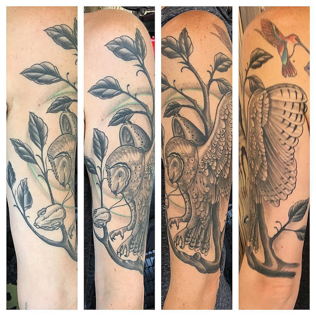 Owl Tattoo by Dale Moostoos at Crimson Empire Tattoo in Edmonton Alberta Canada