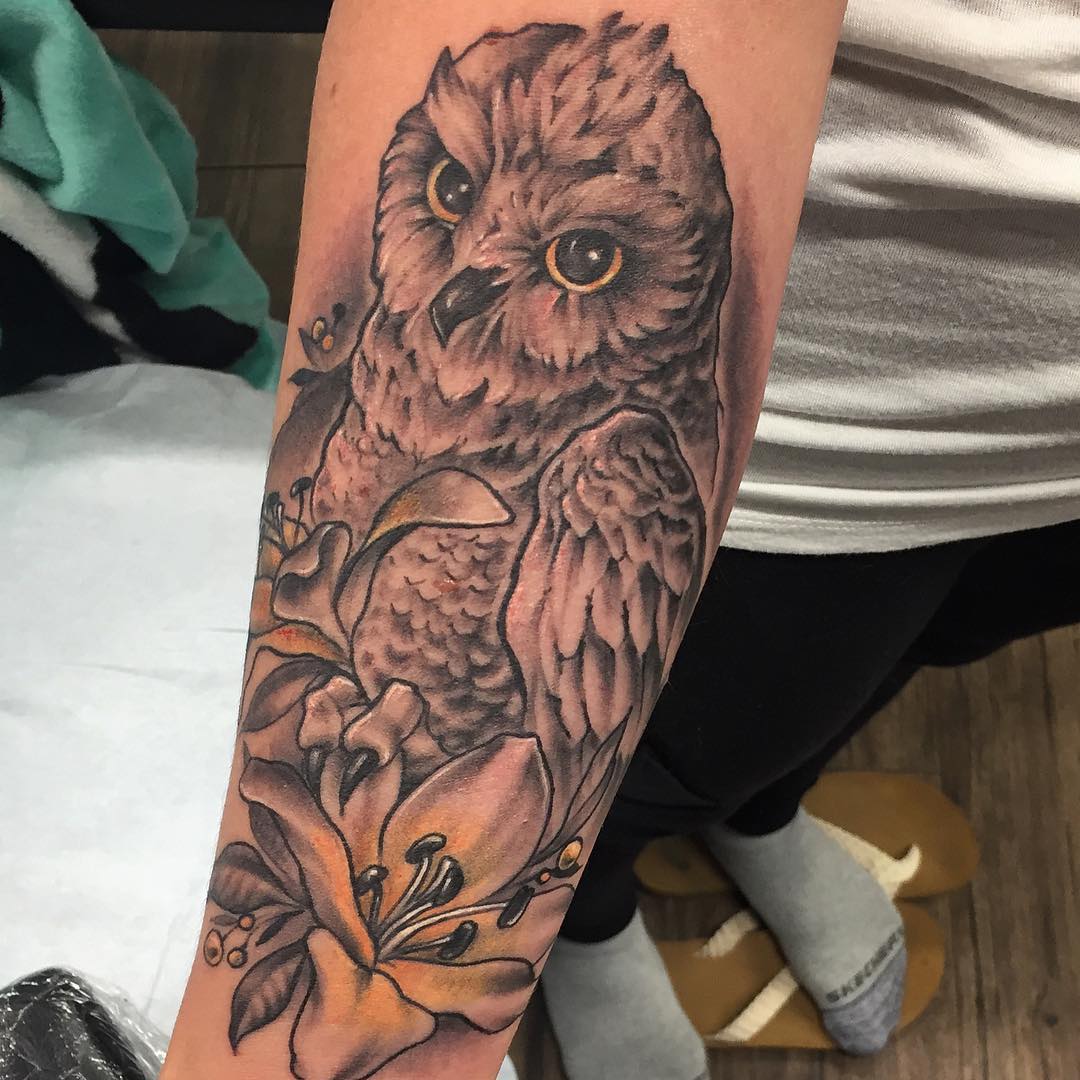 Owl and Flowers Tattoo by Sarah Michelle at Black Gold Tattoo Co in Edmonton Alberta Canada